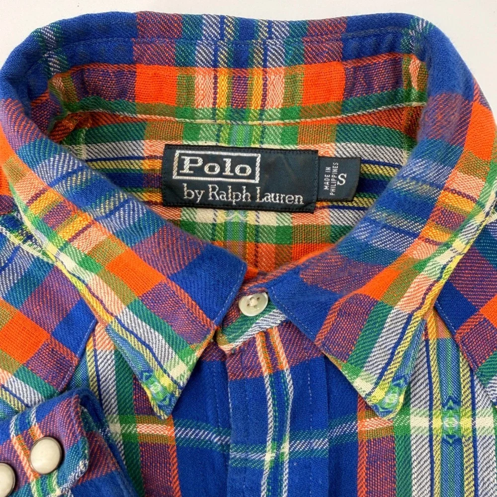 Polo Ralph Lauren Western Shirt Mens‎ Small Blue Orange Plaid Pearl Snap Cotton